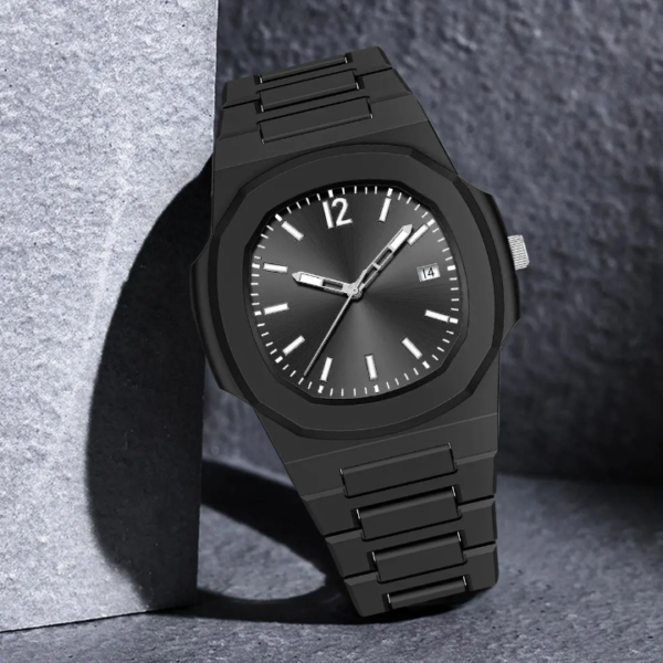 Men's Modern Trendy Quartz Wristwatch Matte Finish 37mm Square Alloy Case Glass Dial Window Stainless Steel Eco-Friendly Sport